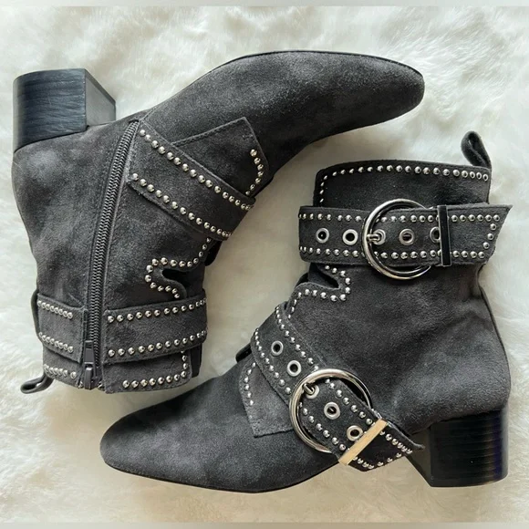 Jeffrey Campbell Studded Buckle Ankle Boots Dk Gray Suede 7.5 - Picture 4 of 8